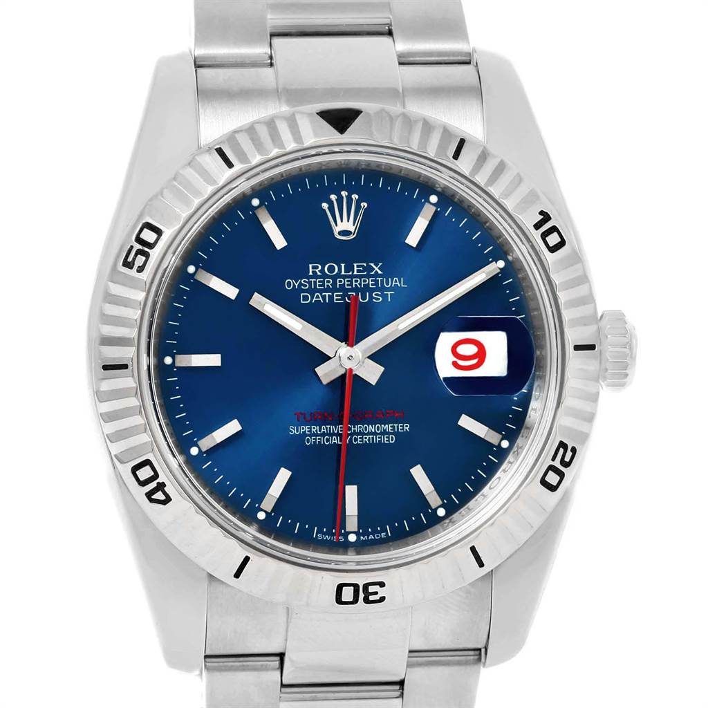 The Rolex Turn-o-Graph 116264 Men
s Stainless Steel Blue Dial 116264 Men
s Stainless Steel Blue Dial watch is shown from a front angle, displaying its blue dial, date feature, and bezel markings.