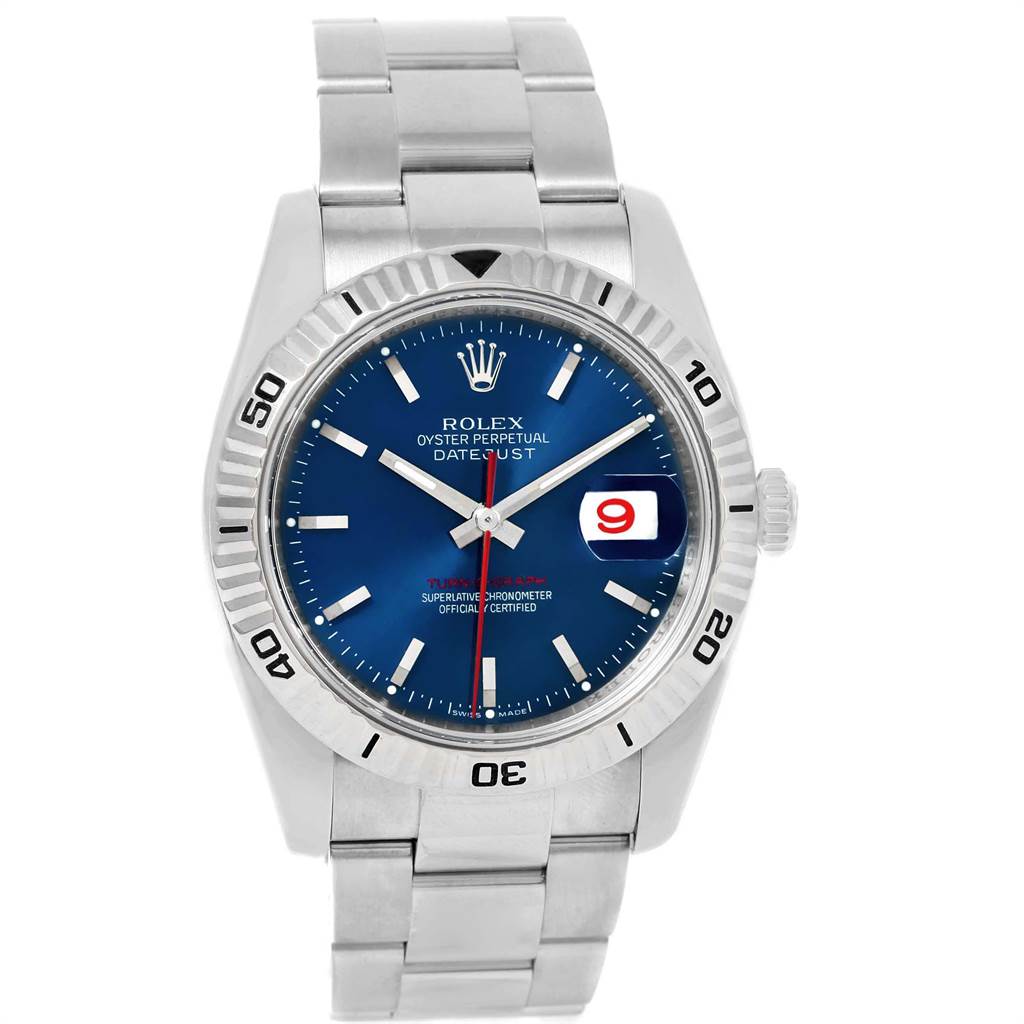 The image shows a front view of a Rolex Turn-o-Graph 116264 Men
s Stainless Steel Blue Dial 116264 Men
s Stainless Steel Blue Dial watch, highlighting its dial, bezel, bracelet, and date function.