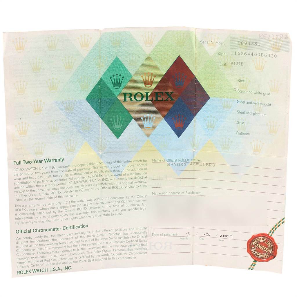 This image shows a warranty and certification document for the Rolex Turn-o-Graph 116264 Men
s Stainless Steel Blue Dial 116264 Men
s Stainless Steel Blue Dial model.