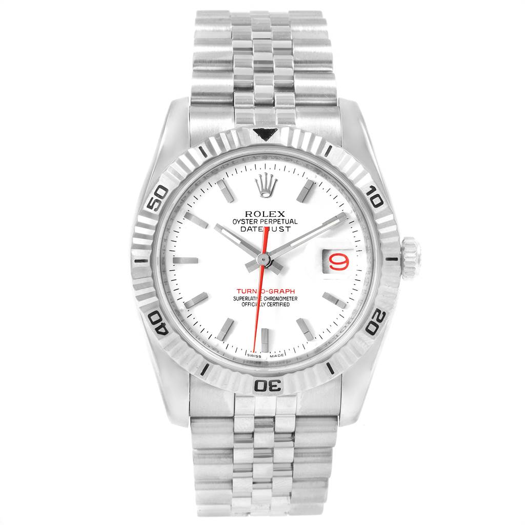 The image shows a front view of the Rolex Turn-o-Graph 116264 Men
s Stainless Steel White Dial 116264 Men
s Stainless Steel White Dial watch, displaying its dial, bezel, and bracelet.