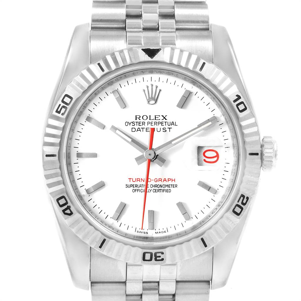 The image shows a front-facing view of a Rolex Turn-o-Graph 116264 Men
s Stainless Steel White Dial 116264 Men
s Stainless Steel White Dial watch, highlighting the dial, bezel, and bracelet.