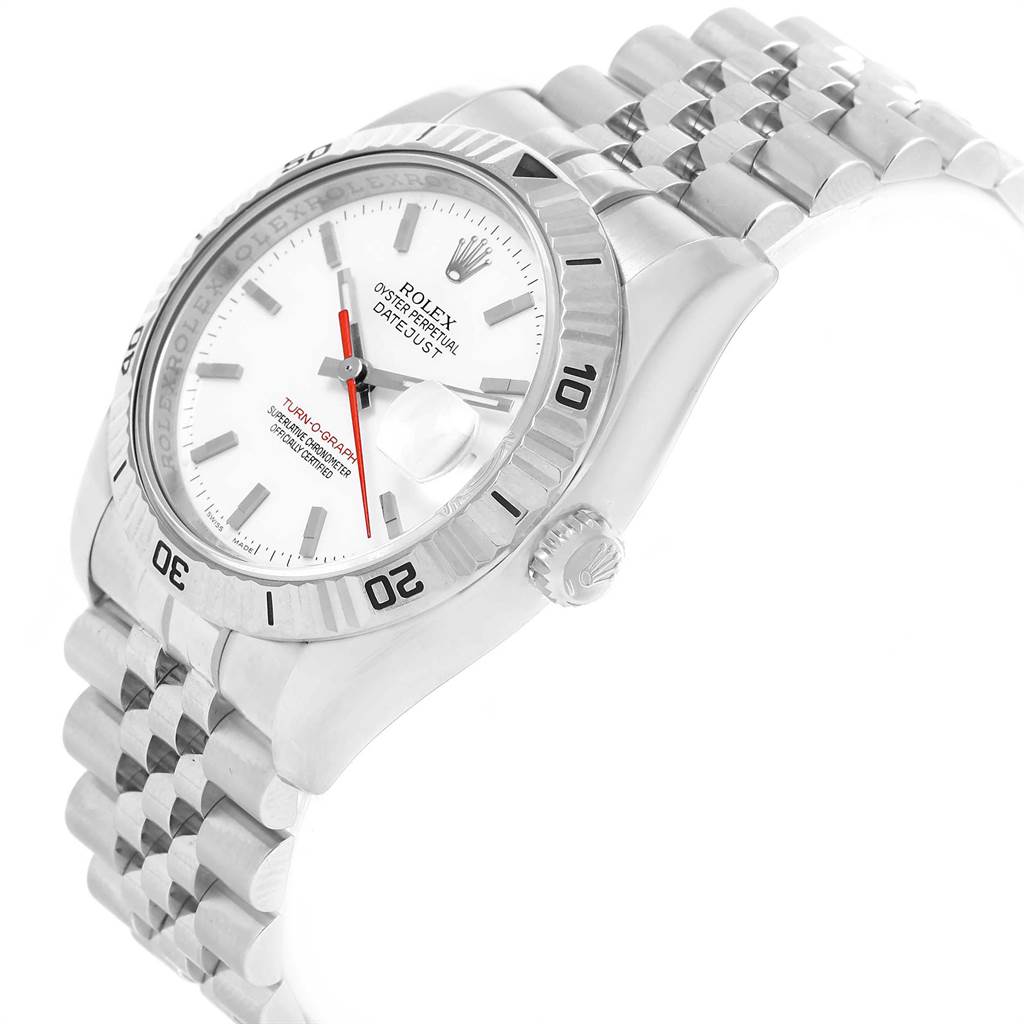 The Rolex Turn-o-Graph 116264 Men
s Stainless Steel White Dial 116264 Men
s Stainless Steel White Dial watch is shown at an oblique angle, highlighting the face, bezel, crown, and part of the bracelet.