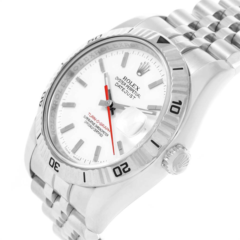 The Rolex Turn-o-Graph 116264 Men
s Stainless Steel White Dial 116264 Men
s Stainless Steel White Dial watch is shown at an oblique angle focusing on the dial, bezel, and bracelet.