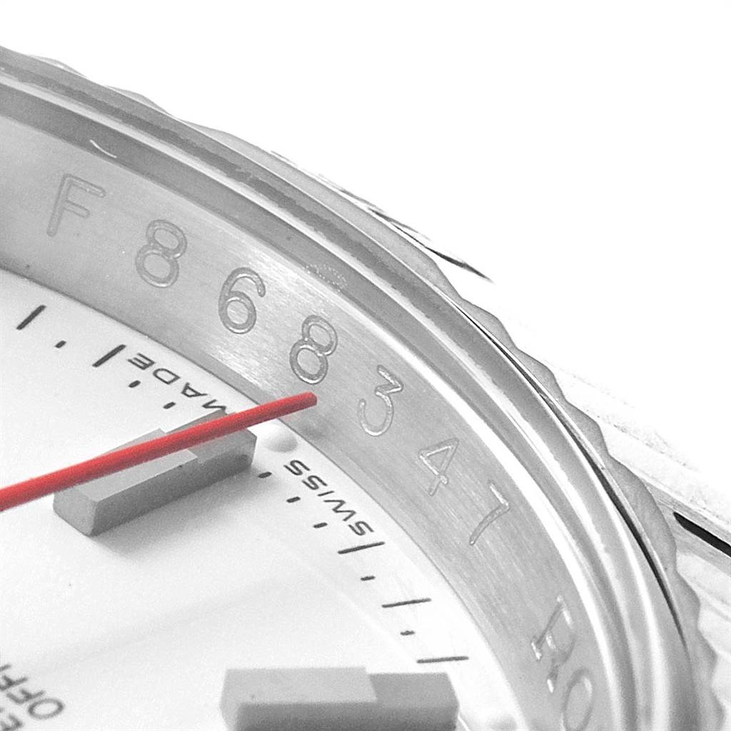 The image shows a close-up angle of the Rolex Turn-o-Graph 116264 Men
s Stainless Steel White Dial 116264 Men
s Stainless Steel White Dial watch dial and bezel, highlighting the red seconds hand and indices.