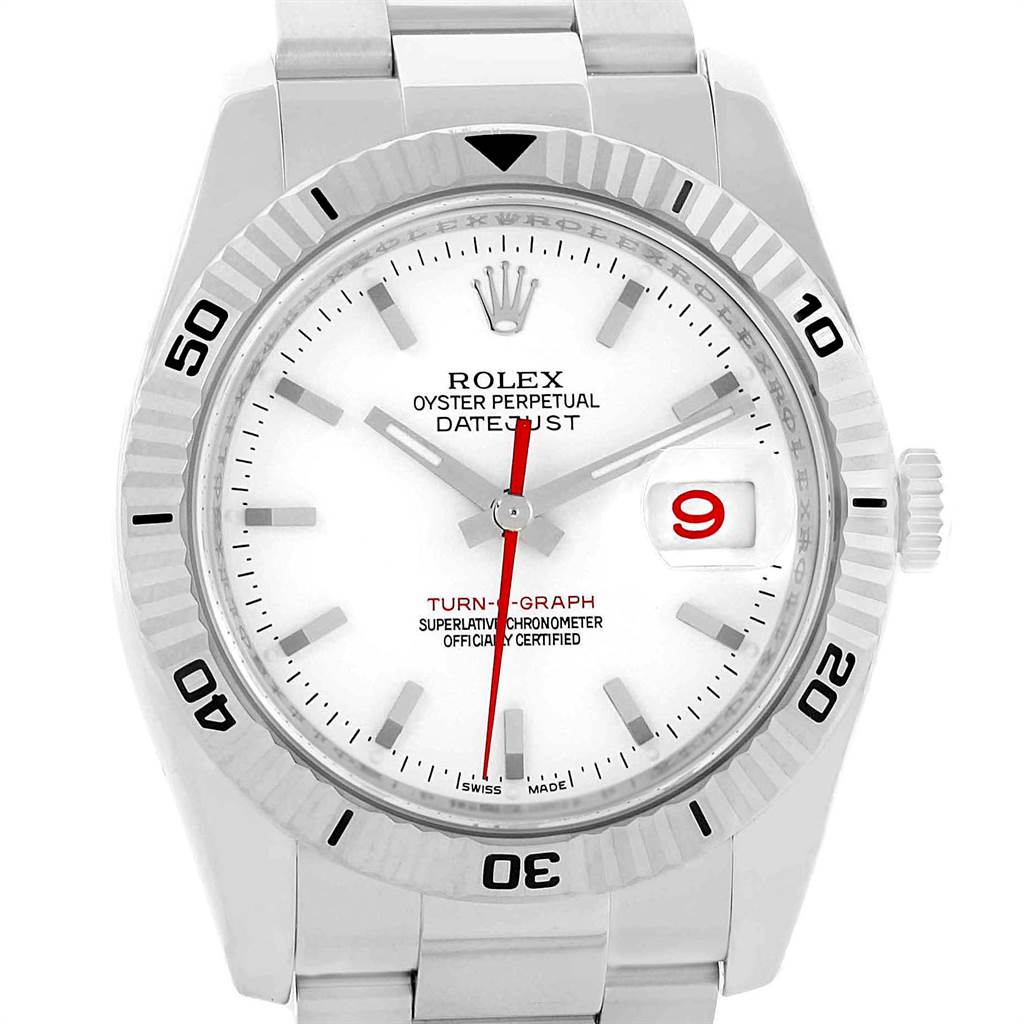 The image shows a front view of the Rolex Turn-o-Graph 116264 Men
s Stainless Steel White Dial 116264 Men
s Stainless Steel White Dial watch, highlighting its dial, hands, date window, and bezel.