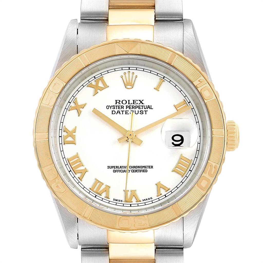 The image shows a frontal view of the Rolex Turn-o-Graph 16263 Men
s Steel and Gold (two tone) White Dial 16263 Men
s Steel and Gold (two tone) White Dial watch, displaying its dial, bezel, case, and bracelet.