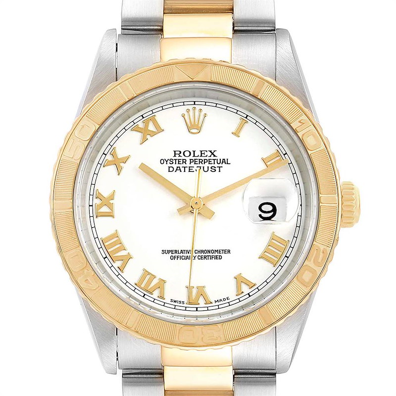 The image shows a frontal view of the Rolex Turn-o-Graph watch, displaying its dial, bezel, case, and bracelet.