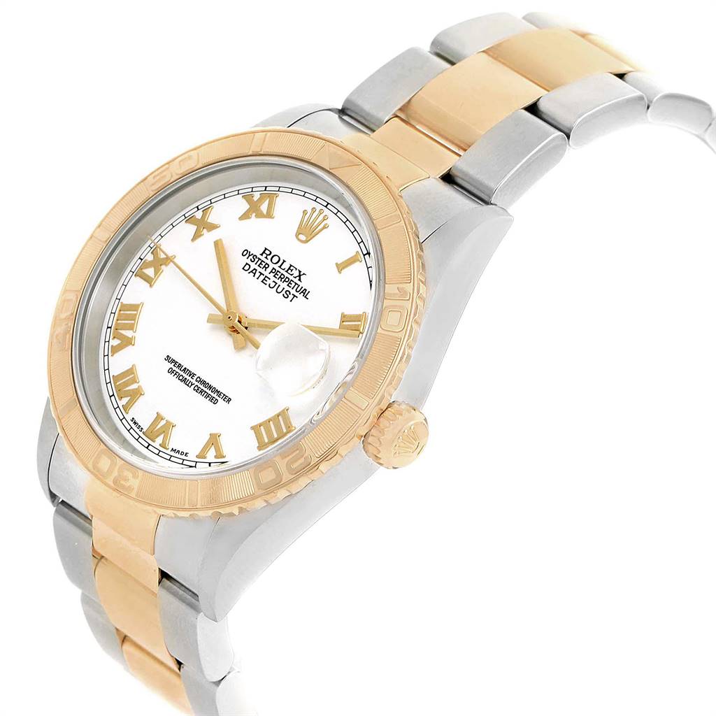 This image shows a Rolex Turn-o-Graph 16263 Men
s Steel and Gold (two tone) White Dial 16263 Men
s Steel and Gold (two tone) White Dial watch from an angled top view, highlighting the bezel, dial, and bracelet.