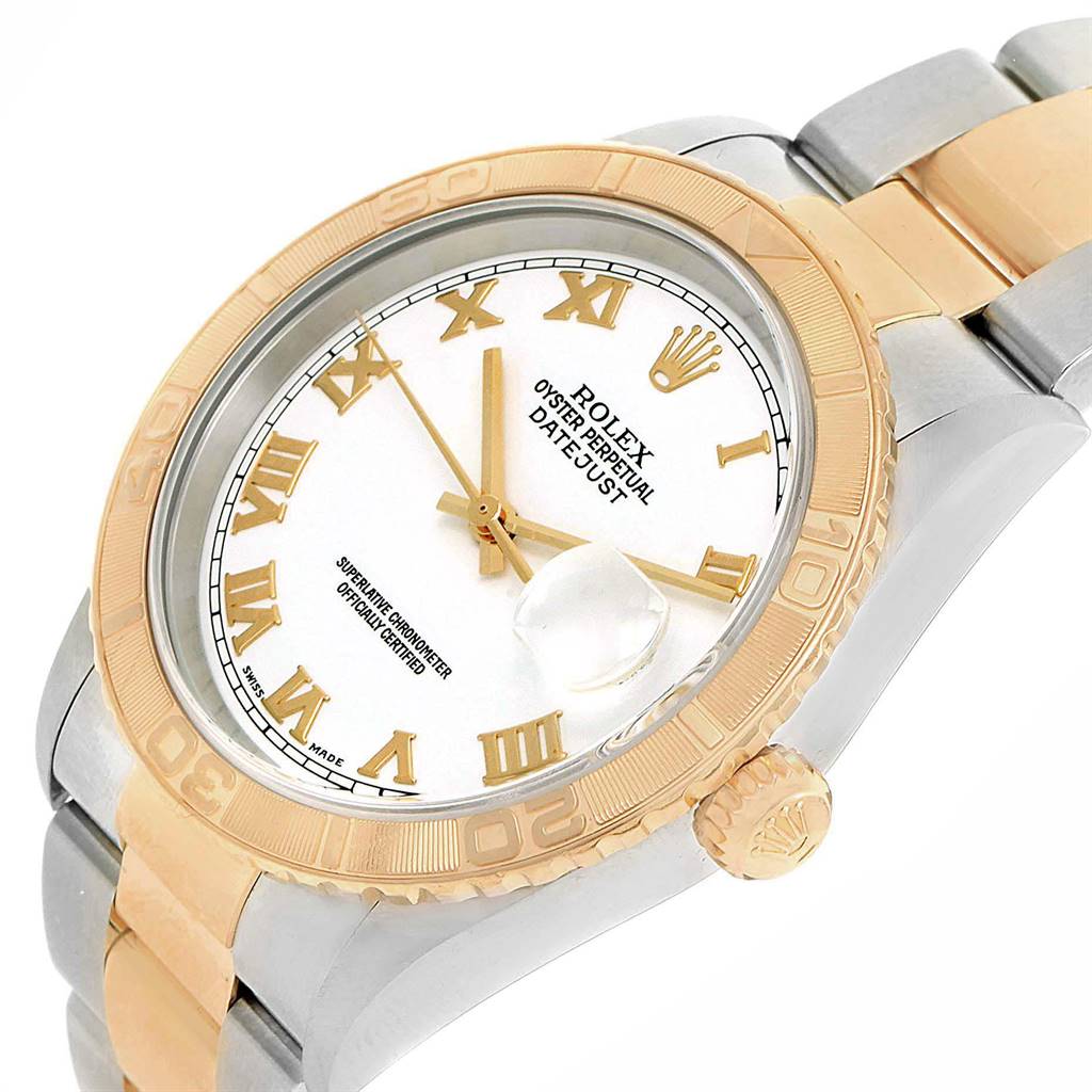 The image shows a close-up view of the Rolex Turn-o-Graph 16263 Men
s Steel and Gold (two tone) White Dial 16263 Men
s Steel and Gold (two tone) White Dial watch, highlighting the bezel, dial, crown, and part of the bracelet.