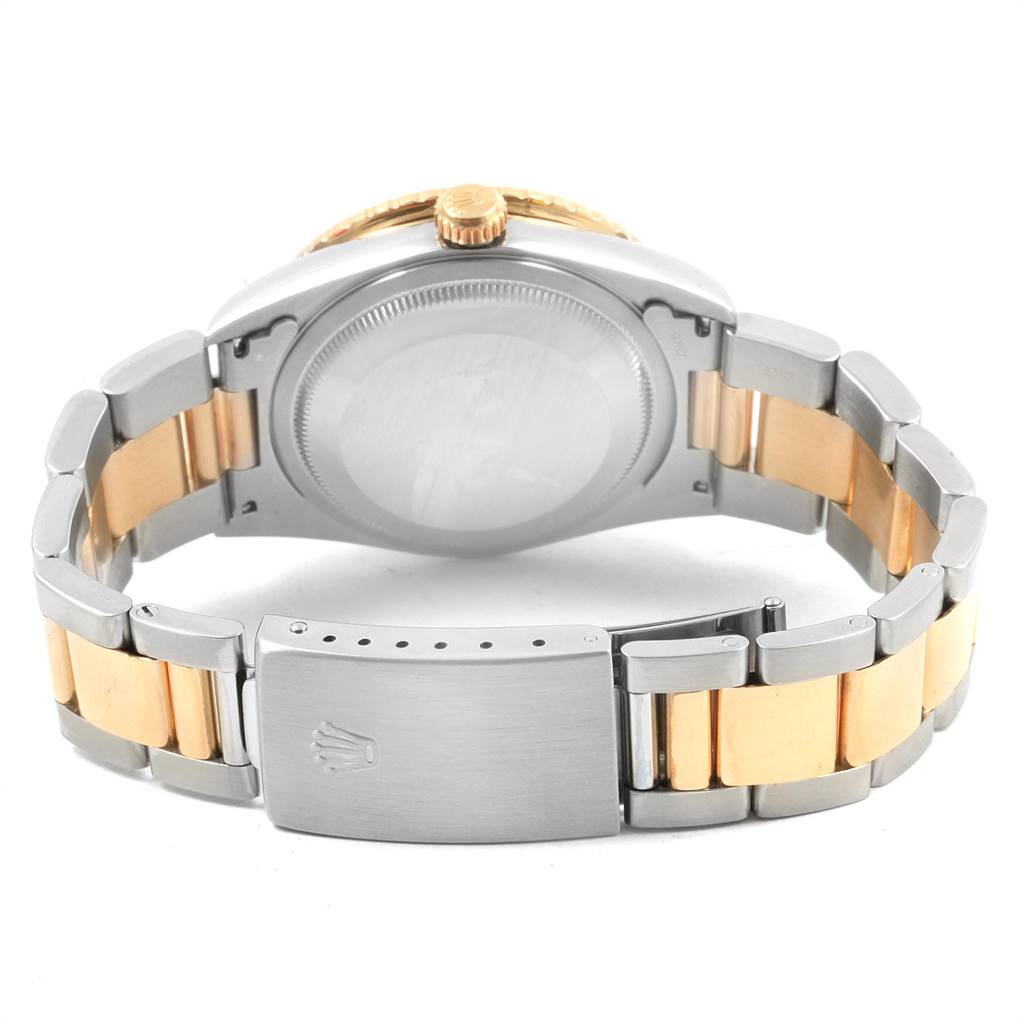This image shows the back and clasp of a Rolex Turn-o-Graph 16263 Men
s Steel and Gold (two tone) White Dial 16263 Men
s Steel and Gold (two tone) White Dial watch, highlighting a two-tone metal bracelet.