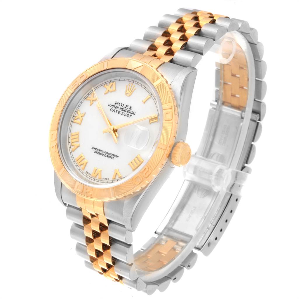 This image shows a Rolex Turn-o-Graph 16263 Men
s Steel and Gold (two tone) White Dial 16263 Men
s Steel and Gold (two tone) White Dial watch at a slight angle, highlighting the face, bezel, and two-tone bracelet.