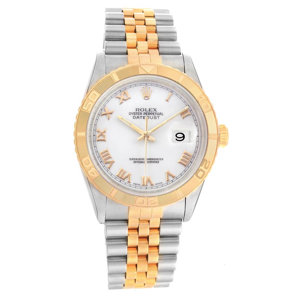 The image shows a Rolex Turn-o-Graph 16263 Men
s Steel and Gold (two tone) White Dial 16263 Men
s Steel and Gold (two tone) White Dial watch from a front angle, displaying its dial, bezel, and two-tone bracelet.