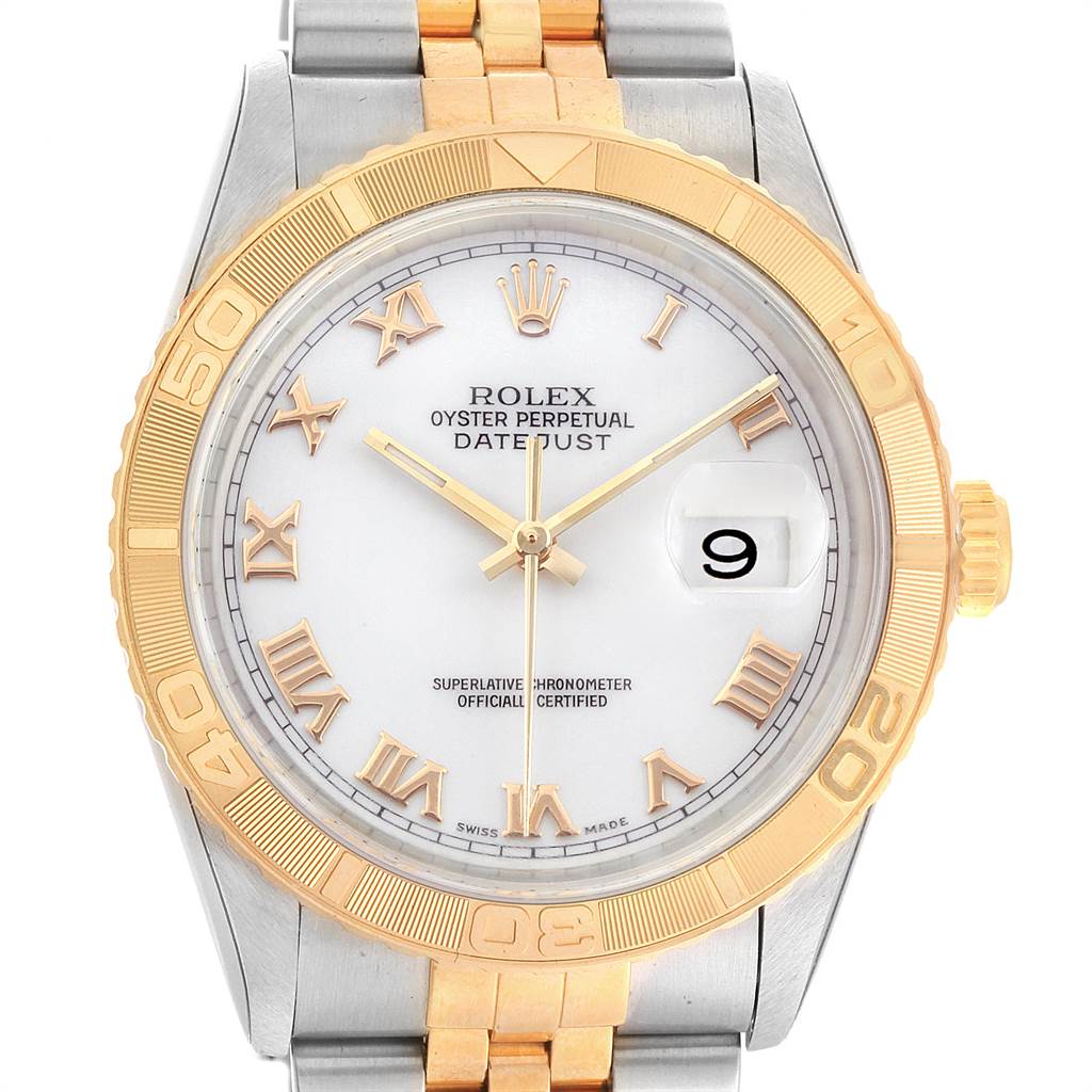 The image shows a frontal view of a Rolex Turn-o-Graph 16263 Men
s Steel and Gold (two tone) White Dial 16263 Men
s Steel and Gold (two tone) White Dial watch, highlighting its face, bezel, and part of the bracelet.