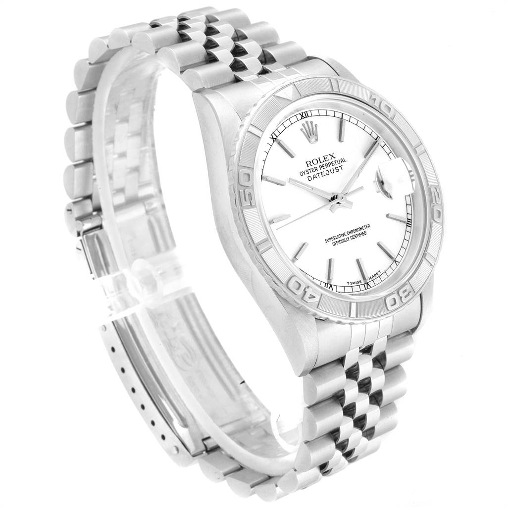 This image shows a Rolex Turn-o-Graph 16264 Men
s Stainless Steel White Dial 16264 Men
s Stainless Steel White Dial watch at an angled side view, highlighting its bracelet, bezel, and face.
