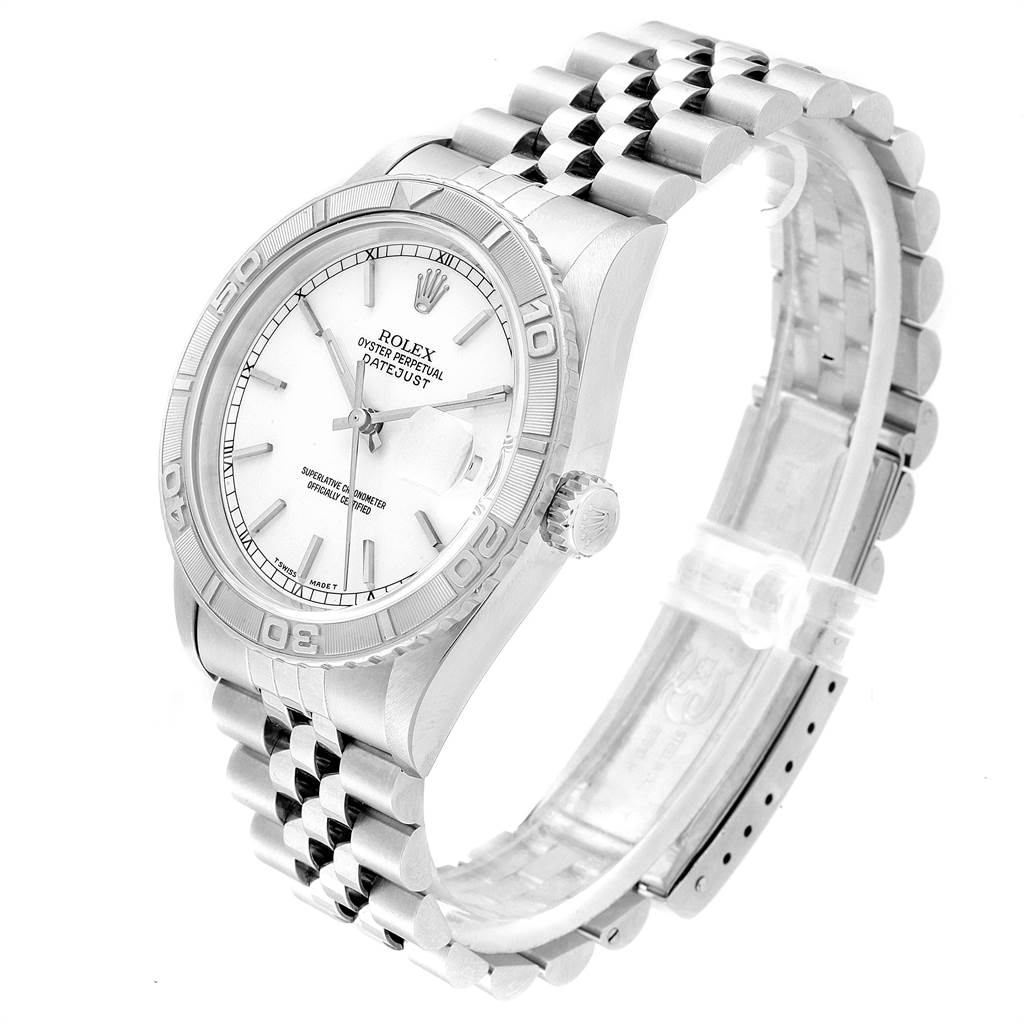 The image shows a Rolex Turn-o-Graph 16264 Men
s Stainless Steel White Dial 16264 Men
s Stainless Steel White Dial watch from a three-quarter angle, highlighting the dial, bezel, crown, and bracelet.