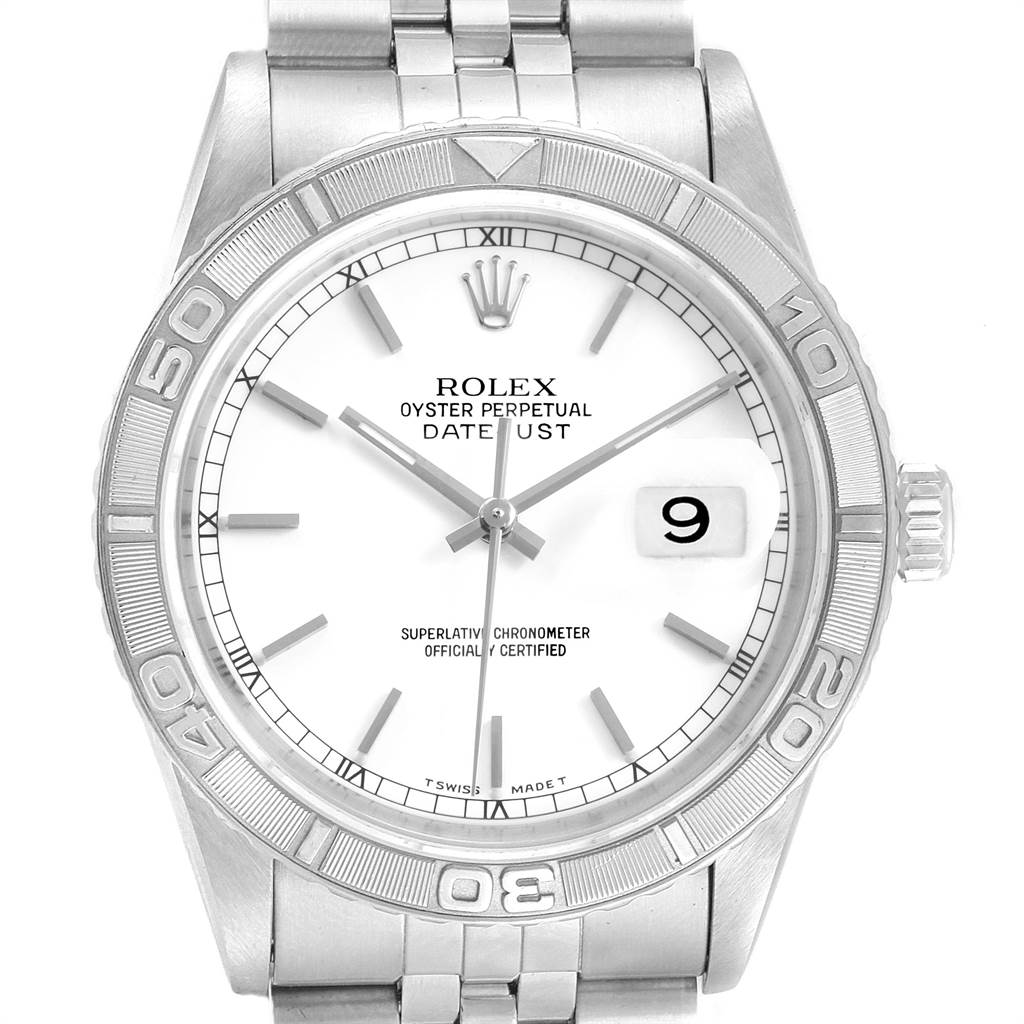 The image shows a front view of the Rolex Turn-o-Graph 16264 Men
s Stainless Steel White Dial 16264 Men
s Stainless Steel White Dial watch, highlighting its face, bezel, and part of the bracelet.