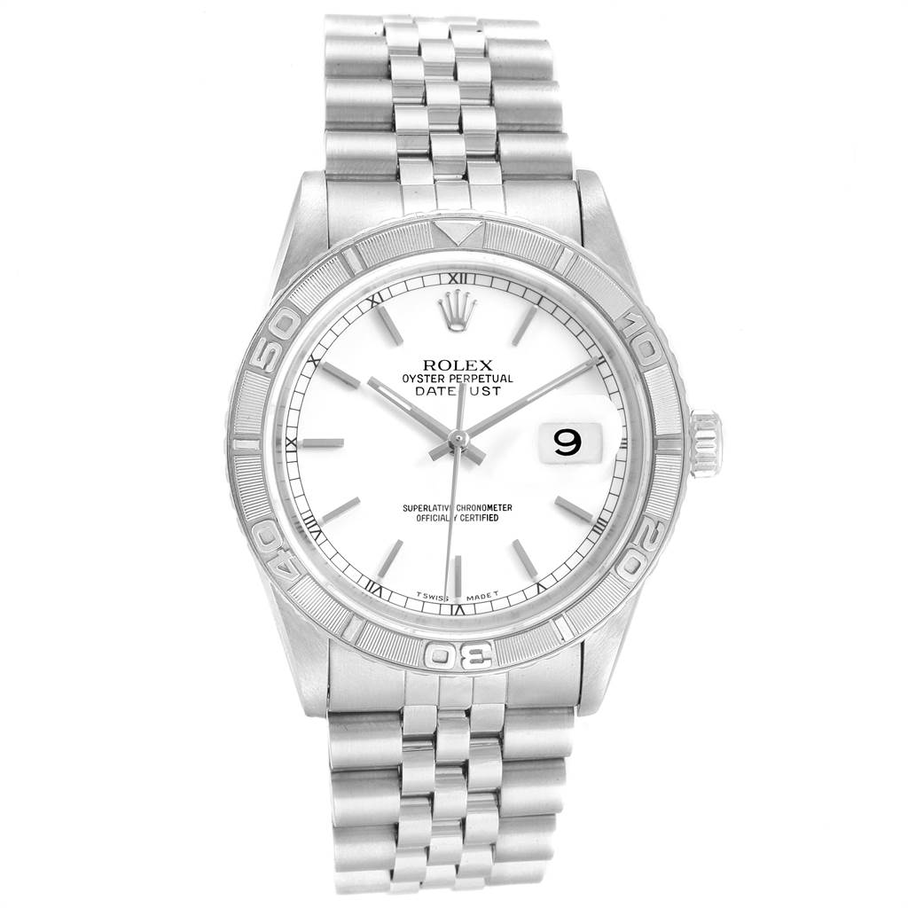 The image shows a front view of a Rolex Turn-o-Graph 16264 Men
s Stainless Steel White Dial 16264 Men
s Stainless Steel White Dial watch, displaying the dial, bezel, crown, and bracelet.