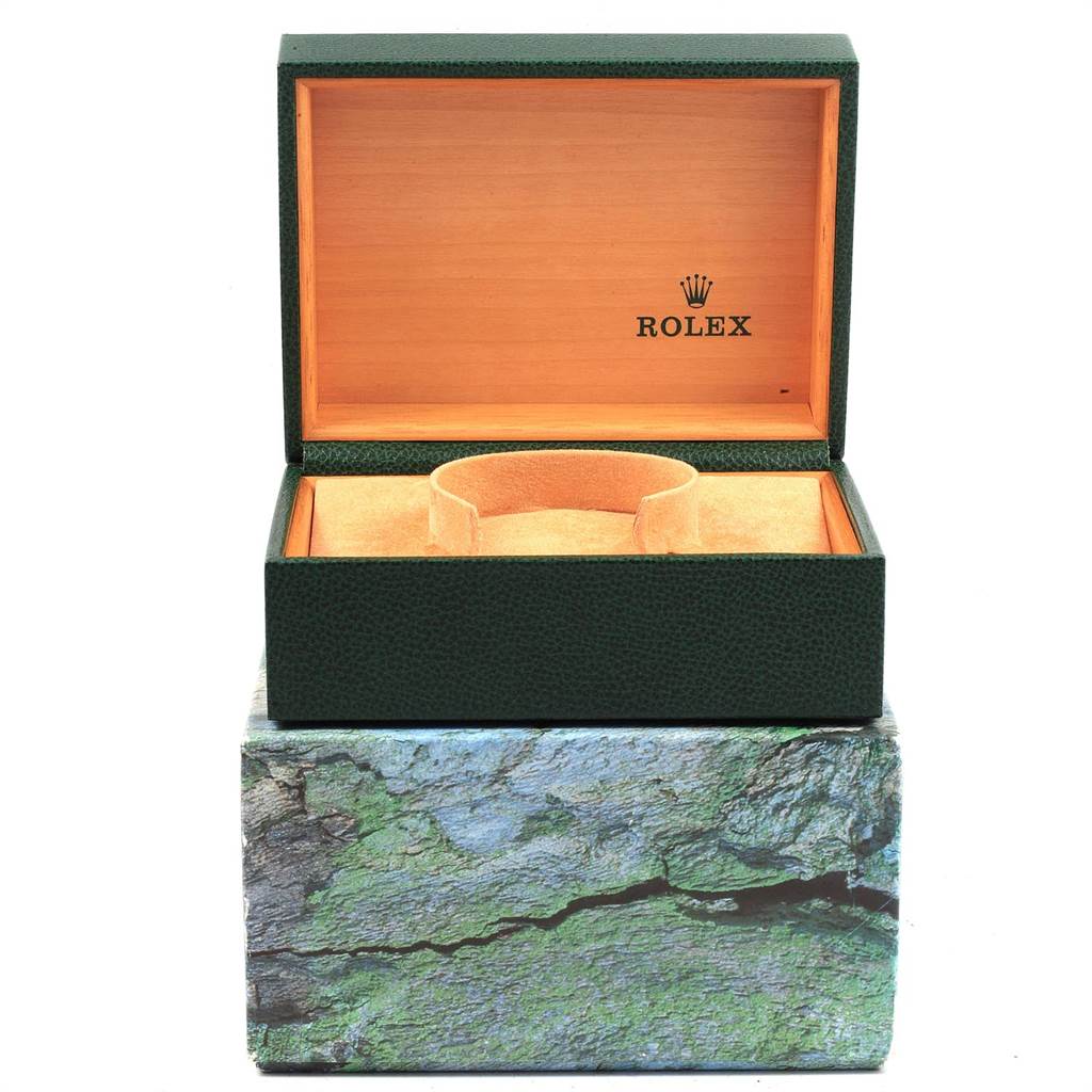 The image shows an open green textured box for a Rolex Turn-o-Graph 16264 Men
s Stainless Steel White Dial 16264 Men
s Stainless Steel White Dial watch, displaying the interior lining and the Rolex logo.