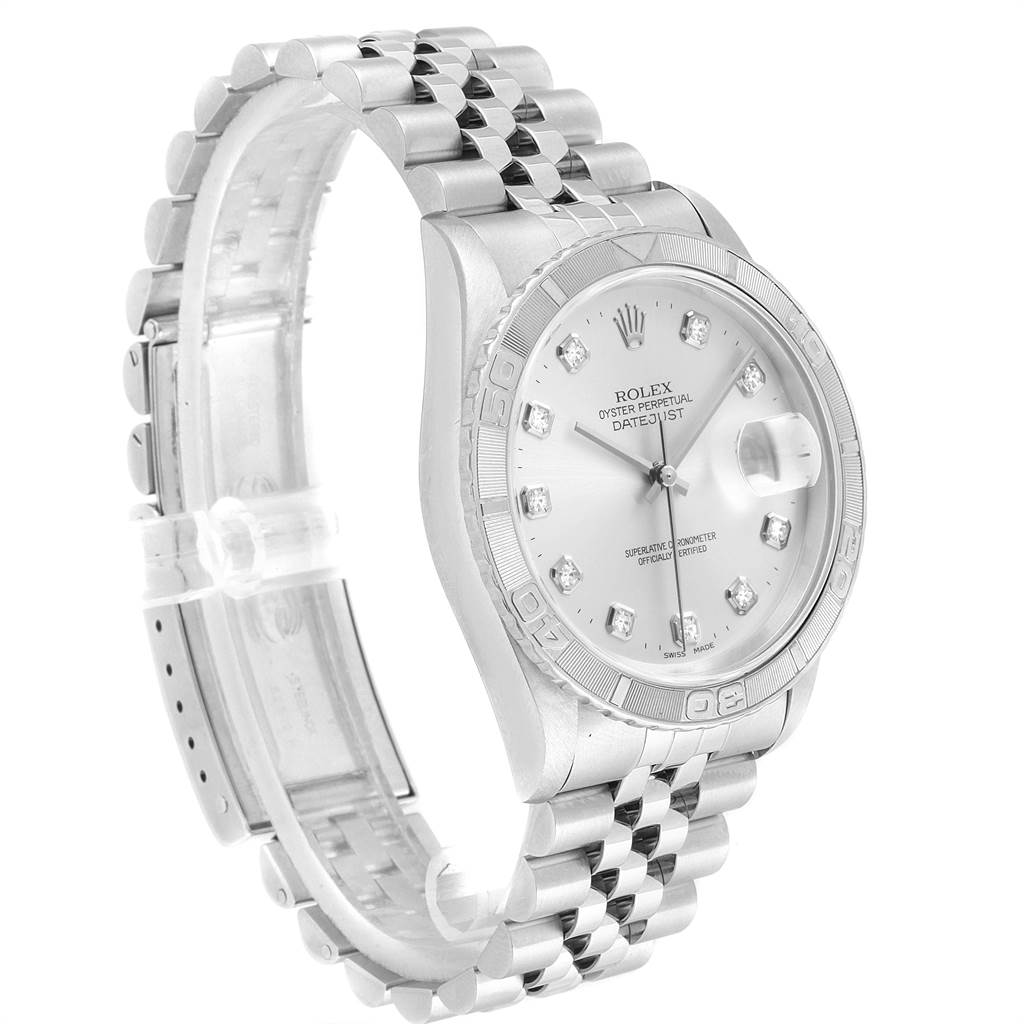 This image shows a Rolex Turn-o-Graph 16264 Men
s Stainless Steel Silver Dial 16264 Men
s Stainless Steel Silver Dial watch from a side angle, highlighting the face, bezel, case, and bracelet.