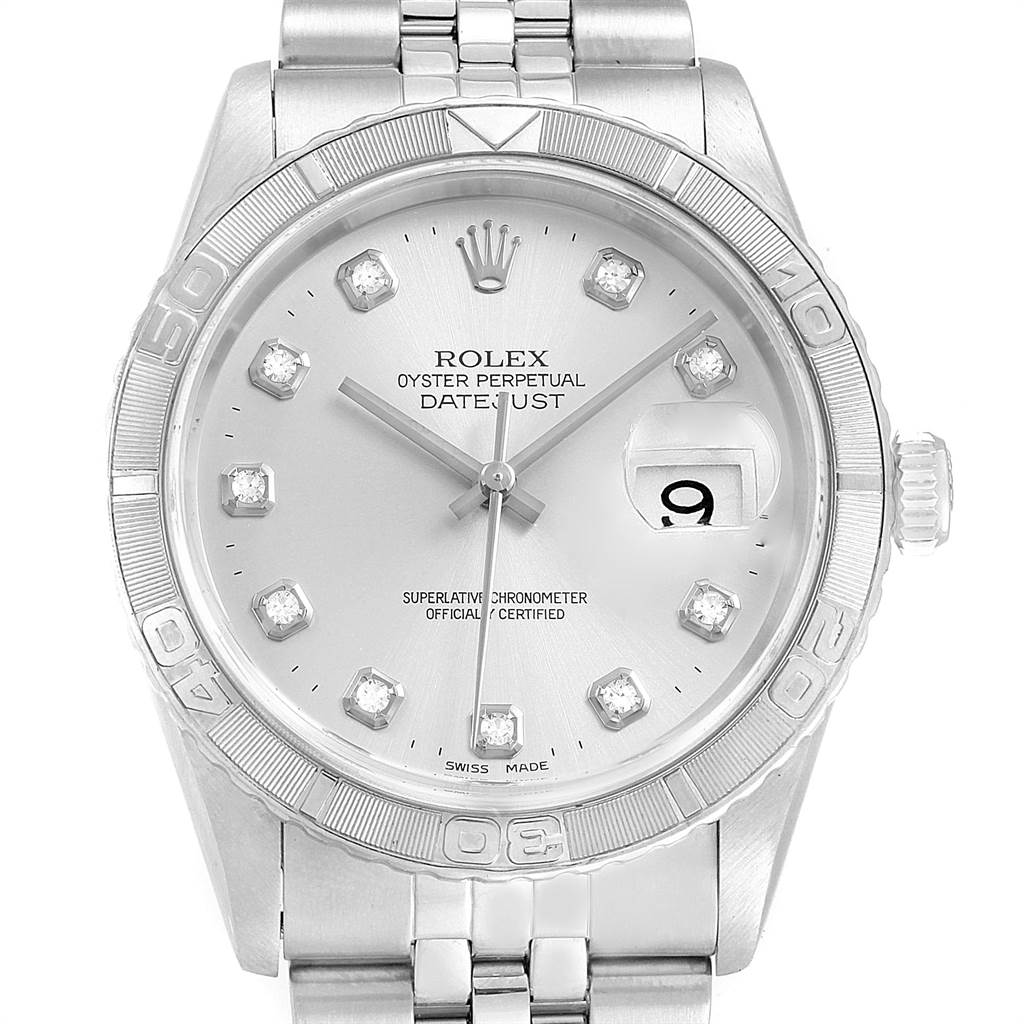 The Rolex Turn-o-Graph 16264 Men
s Stainless Steel Silver Dial 16264 Men
s Stainless Steel Silver Dial watch is shown from a top-down angle, highlighting its dial, bezel, date window, and part of the bracelet.