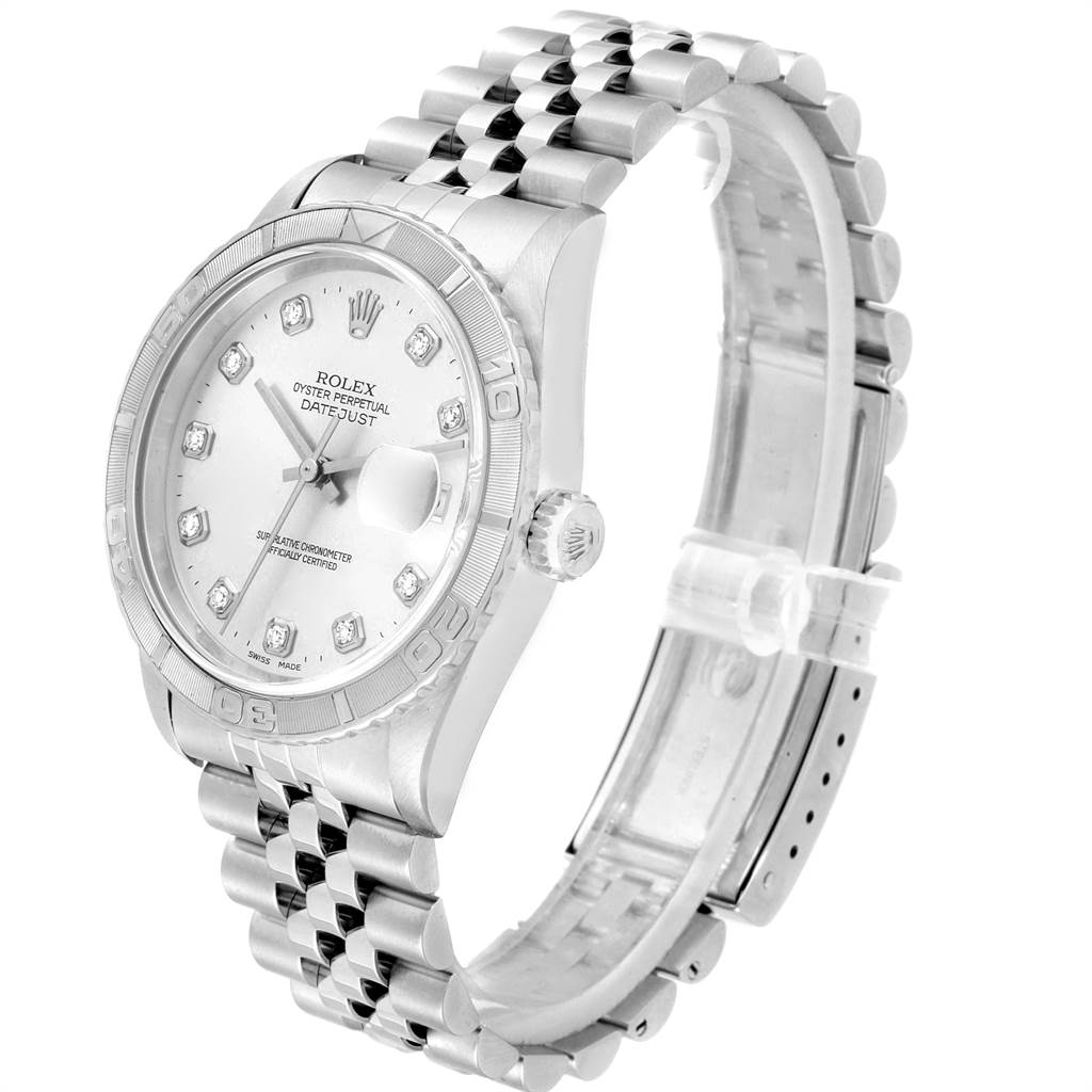 The image shows a side angle view of the Rolex Turn-o-Graph 16264 Men
s Stainless Steel Silver Dial 16264 Men
s Stainless Steel Silver Dial watch, highlighting its face, bezel, crown, and band.