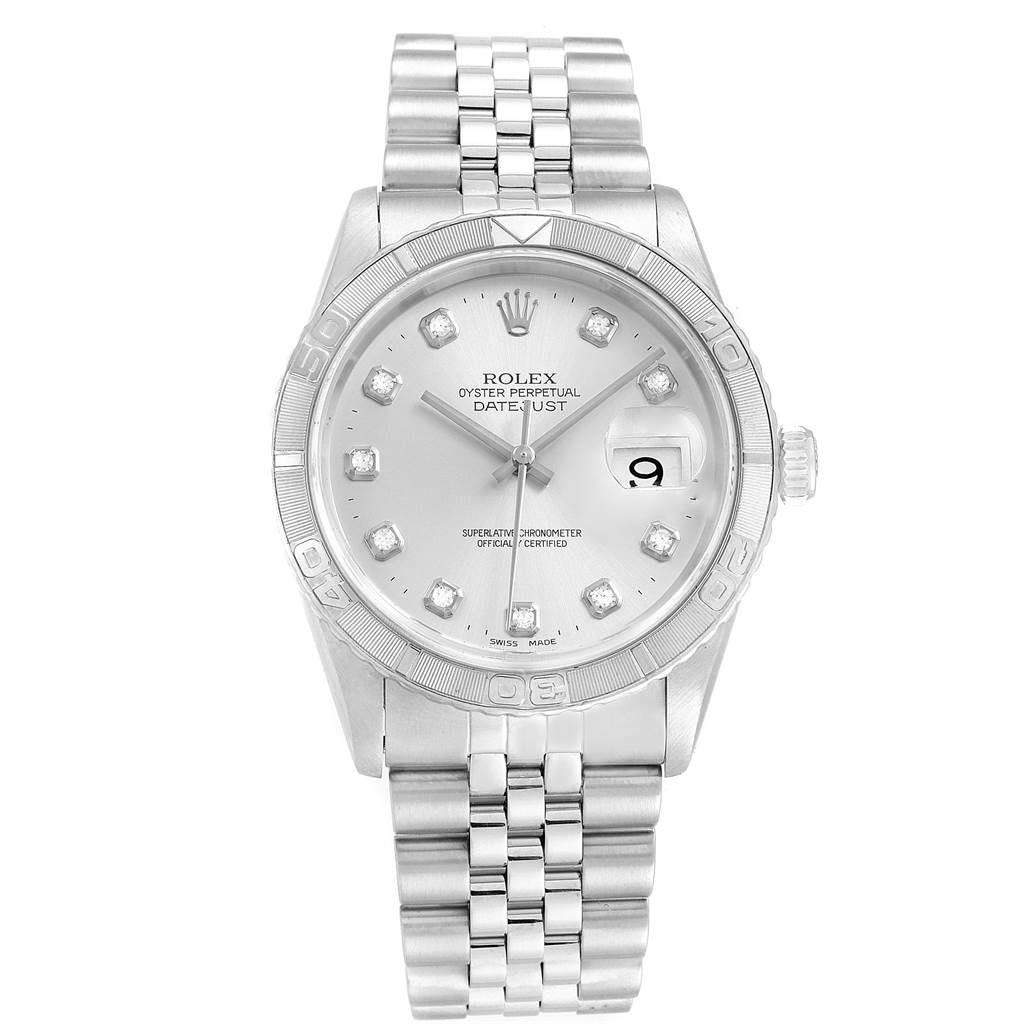 The image shows a frontal view of the Rolex Turn-o-Graph 16264 Men
s Stainless Steel Silver Dial 16264 Men
s Stainless Steel Silver Dial watch, highlighting its face, bezel, and bracelet.