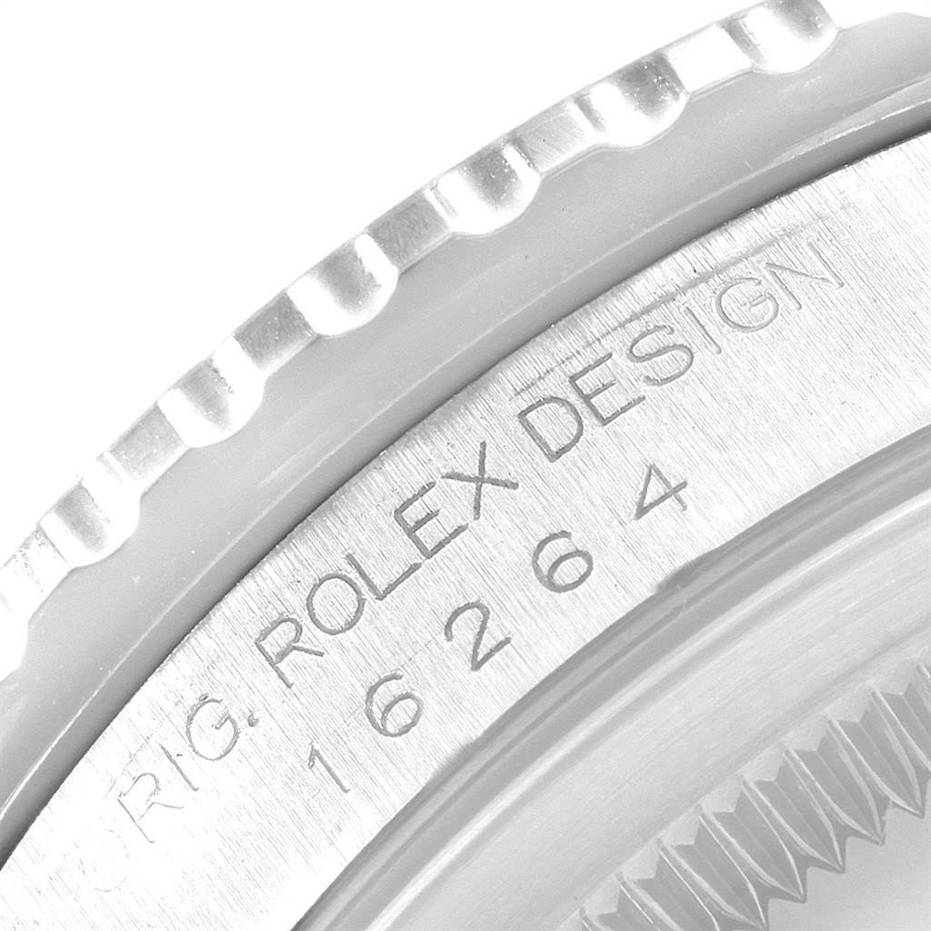 This image shows a close-up of the bezel and casing with the engraved model number of a Rolex Turn-o-Graph 16264 Men
s Stainless Steel Silver Dial 16264 Men
s Stainless Steel Silver Dial watch.