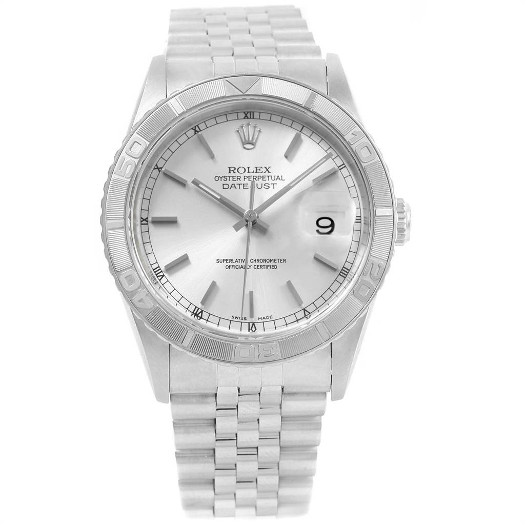 The Rolex Turn-o-Graph 16264 Men
s Stainless Steel Silver Dial 16264 Men
s Stainless Steel Silver Dial watch is shown from a front angle, displaying the dial, hands, bezel, and bracelet.