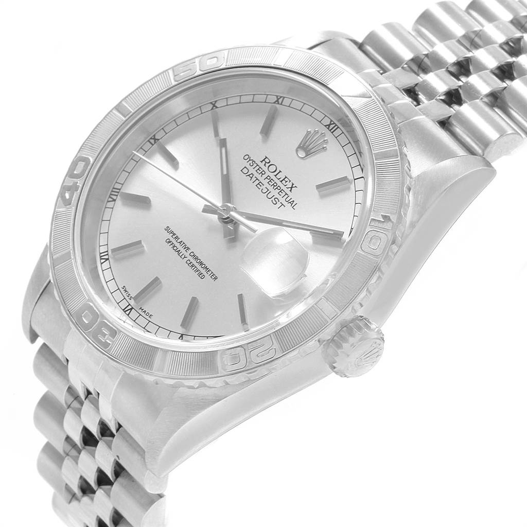 The image shows a Rolex Turn-o-Graph 16264 Men
s Stainless Steel Silver Dial 16264 Men
s Stainless Steel Silver Dial watch at an angle, highlighting the face, bezel, crown, and part of the bracelet.