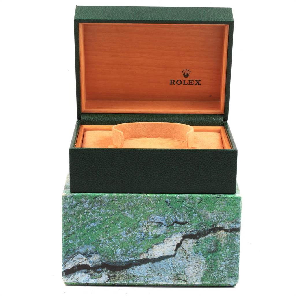 The image shows an open Rolex watch box for the Turn-o-Graph model, highlighting the interior compartments designed to hold the watch.