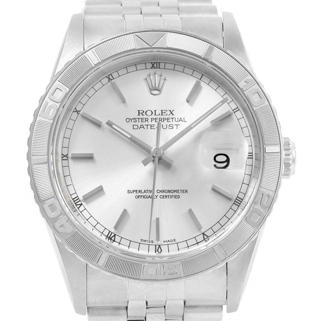 The image shows the Rolex Turn-o-Graph 16264 Men
s Stainless Steel Silver Dial 16264 Men
s Stainless Steel Silver Dial watch from a front view, highlighting the dial, bezel, and part of the bracelet.