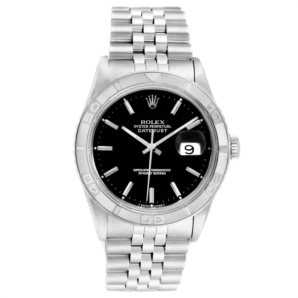 The image shows a front view of the Rolex Turn-o-Graph 16264 Men
s Stainless Steel Black Dial 16264 Men
s Stainless Steel Black Dial watch, displaying its dial, bezel, bracelet, and date window.
