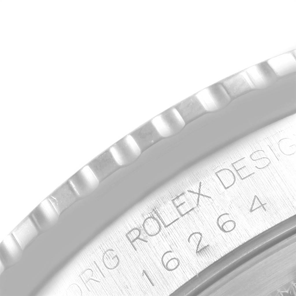 This is a close-up of the bezel and engraved case back of the Rolex Turn-o-Graph 16264 Men
s Stainless Steel Black Dial 16264 Men
s Stainless Steel Black Dial model.