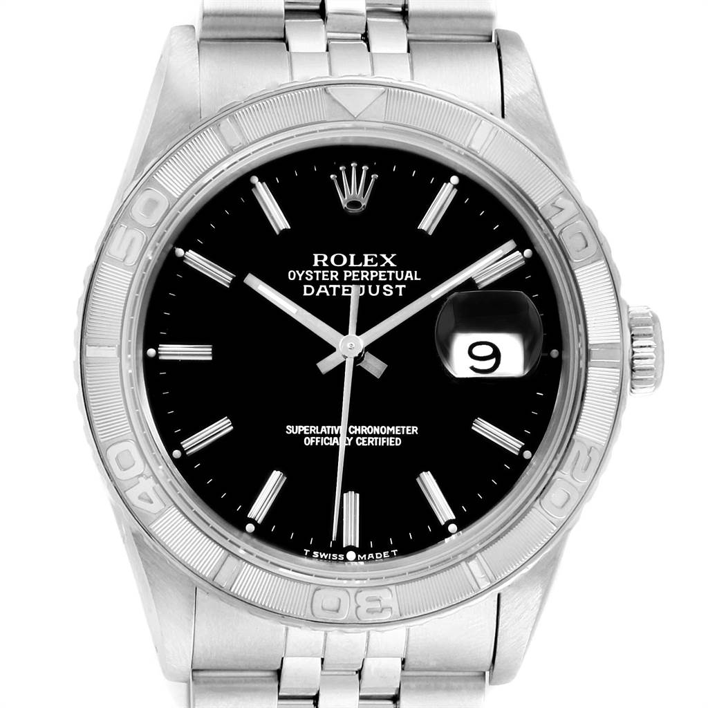 The image shows a front view of a Rolex Turn-o-Graph 16264 Men
s Stainless Steel Black Dial 16264 Men
s Stainless Steel Black Dial watch, featuring its face, bezel, and part of the bracelet.