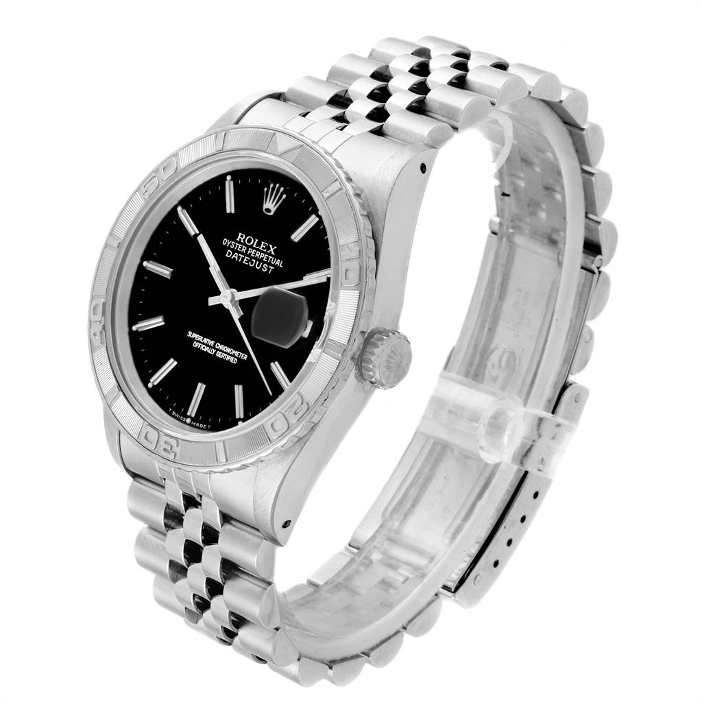 This image shows a Rolex Turn-o-Graph 16264 Men
s Stainless Steel Black Dial 16264 Men
s Stainless Steel Black Dial watch at an angle highlighting its black dial, bezel, crown, and bracelet.