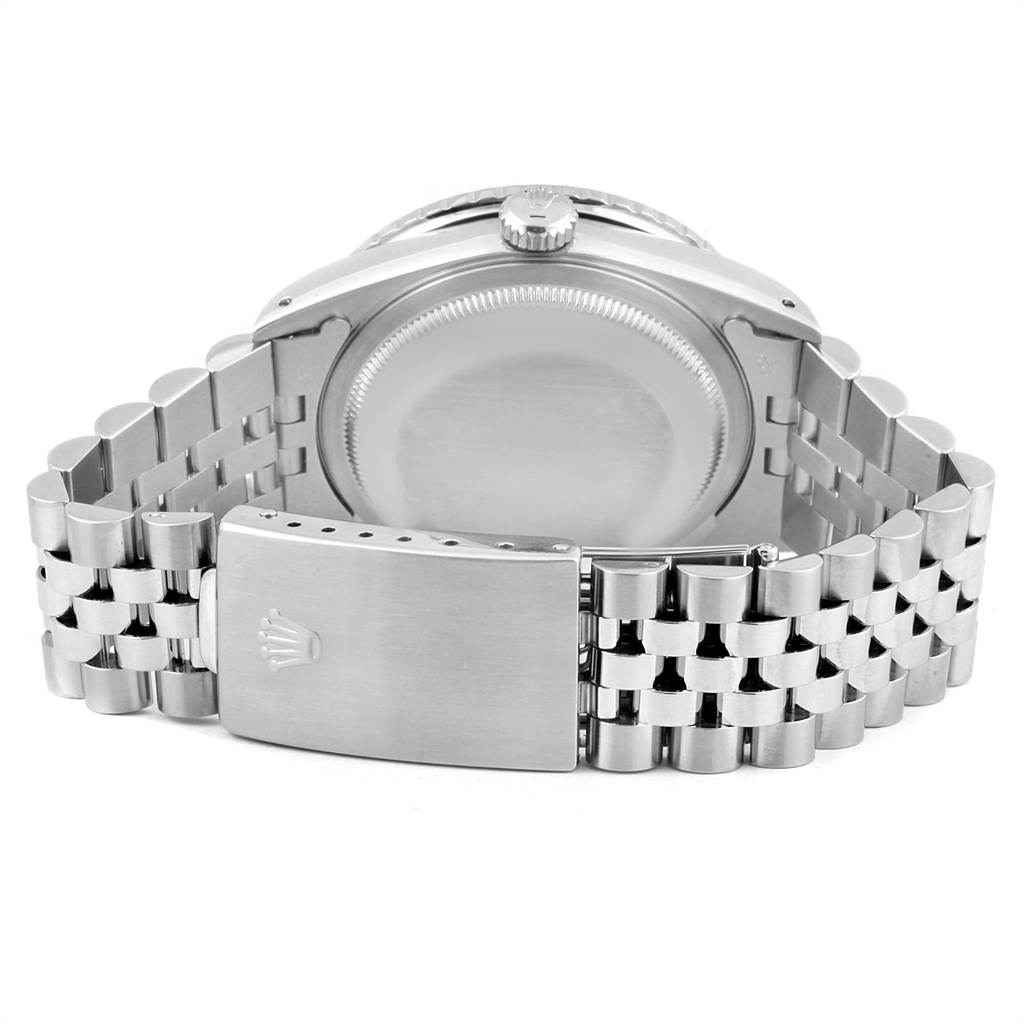 The image shows the back view of a Rolex Turn-o-Graph 16264 Men
s Stainless Steel Black Dial 16264 Men
s Stainless Steel Black Dial watch, highlighting its case back and Jubilee bracelet with the clasp visible.