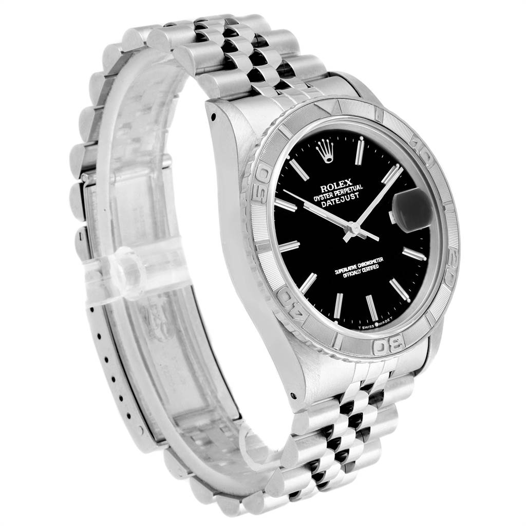 This image shows a side angle of the Rolex Turn-o-Graph 16264 Men
s Stainless Steel Black Dial 16264 Men
s Stainless Steel Black Dial watch, highlighting the bezel, case, bracelet, and dial.