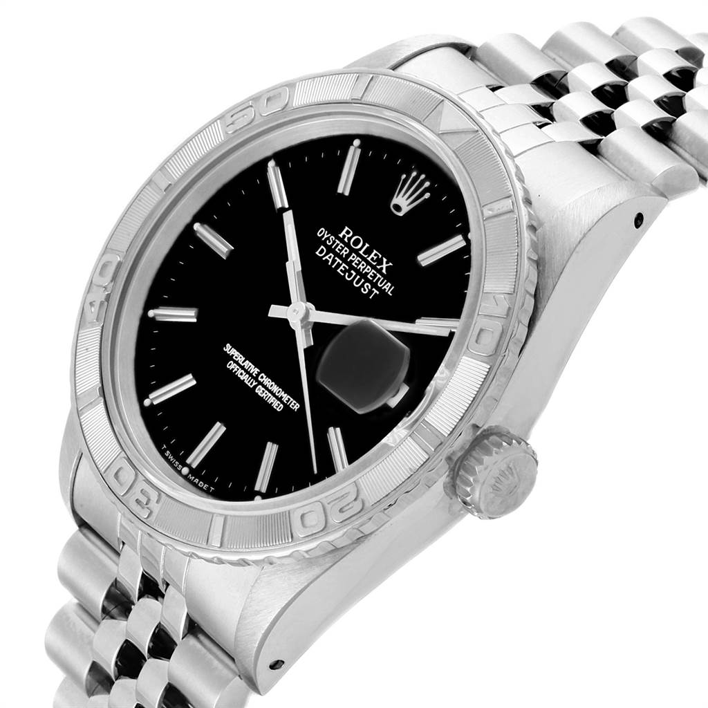 The image shows a side-angle view of the Rolex Turn-o-Graph 16264 Men
s Stainless Steel Black Dial 16264 Men
s Stainless Steel Black Dial watch, displaying the bezel, crown, and bracelet in detail.