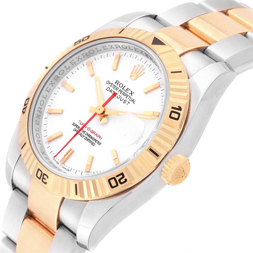 The image shows a Rolex Turn-o-Graph 116263 Men
s Steel and Gold (two tone) White Dial 116263 Men
s Steel and Gold (two tone) White Dial watch angled to highlight its face, bezel, and part of the bracelet.