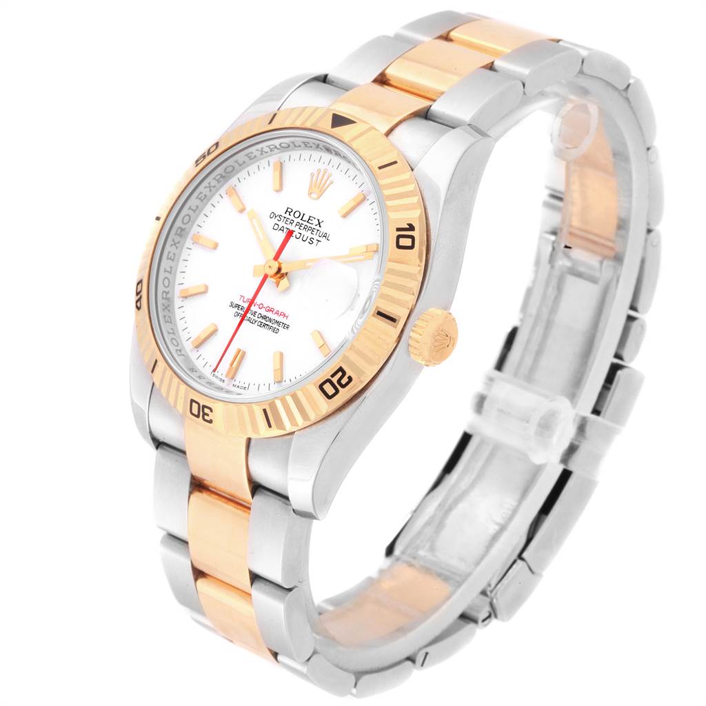 The image shows a Rolex Turn-o-Graph 116263 Men
s Steel and Gold (two tone) White Dial 116263 Men
s Steel and Gold (two tone) White Dial watch angled slightly to the right, displaying its face, bezel, crown, and bracelet.