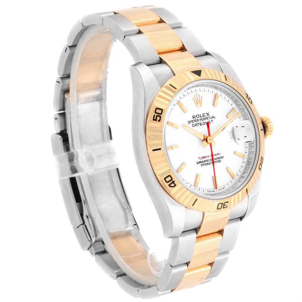 The image shows a side angle of a Rolex Turn-o-Graph 116263 Men
s Steel and Gold (two tone) White Dial 116263 Men
s Steel and Gold (two tone) White Dial watch, highlighting its two-tone bracelet and rotating bezel.