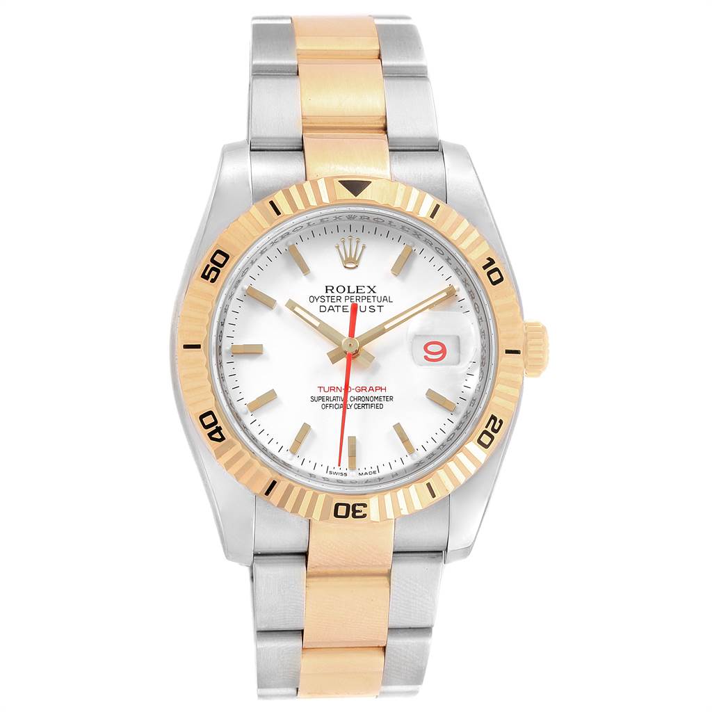 The image shows the front view of the Rolex Turn-o-Graph 116263 Men
s Steel and Gold (two tone) White Dial 116263 Men
s Steel and Gold (two tone) White Dial model, displaying its dial, bezel, and bi-metal bracelet.