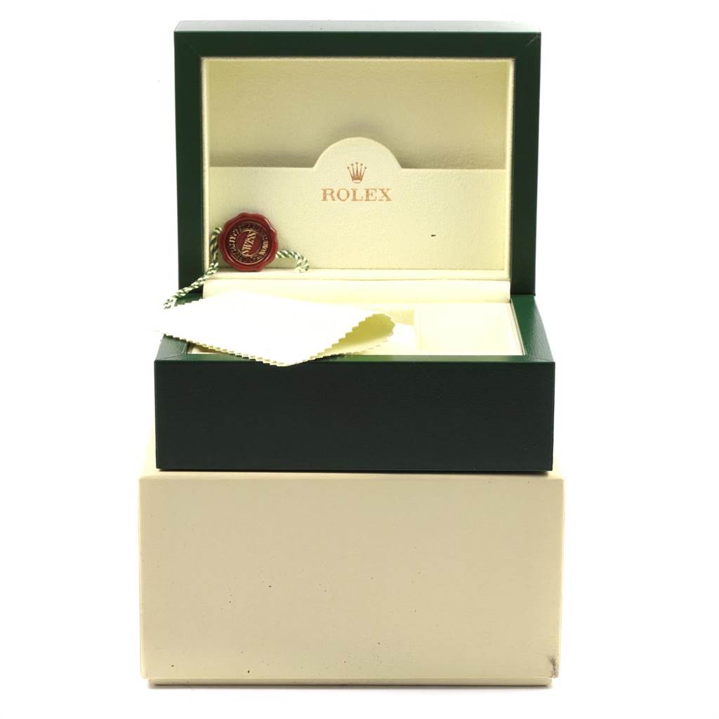 The image shows an opened Rolex Turn-o-Graph 116263 Men
s Steel and Gold (two tone) White Dial 116263 Men
s Steel and Gold (two tone) White Dial watch box with a cleaning cloth and a tag inside.