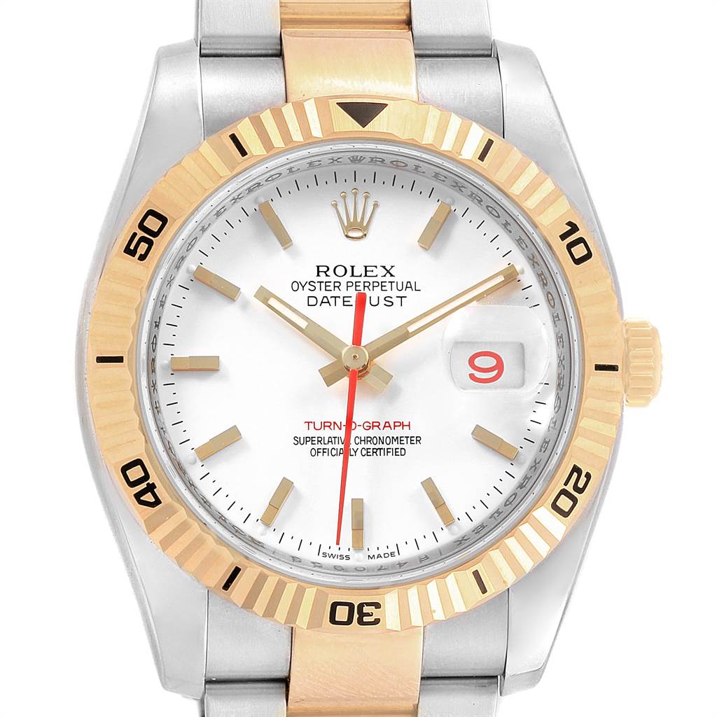 The image shows a front view of a Rolex Turn-o-Graph 116263 Men
s Steel and Gold (two tone) White Dial 116263 Men
s Steel and Gold (two tone) White Dial watch, highlighting its gold bezel, dial, hour markers, hands, and date window.
