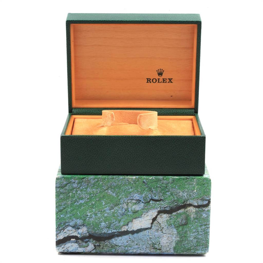 The image shows the open box for a Rolex Turn-o-Graph 16263 Men
s Steel and Gold (two tone) White Dial 16263 Men
s Steel and Gold (two tone) White Dial watch, revealing the interior cushion and the Rolex logo on the lid.