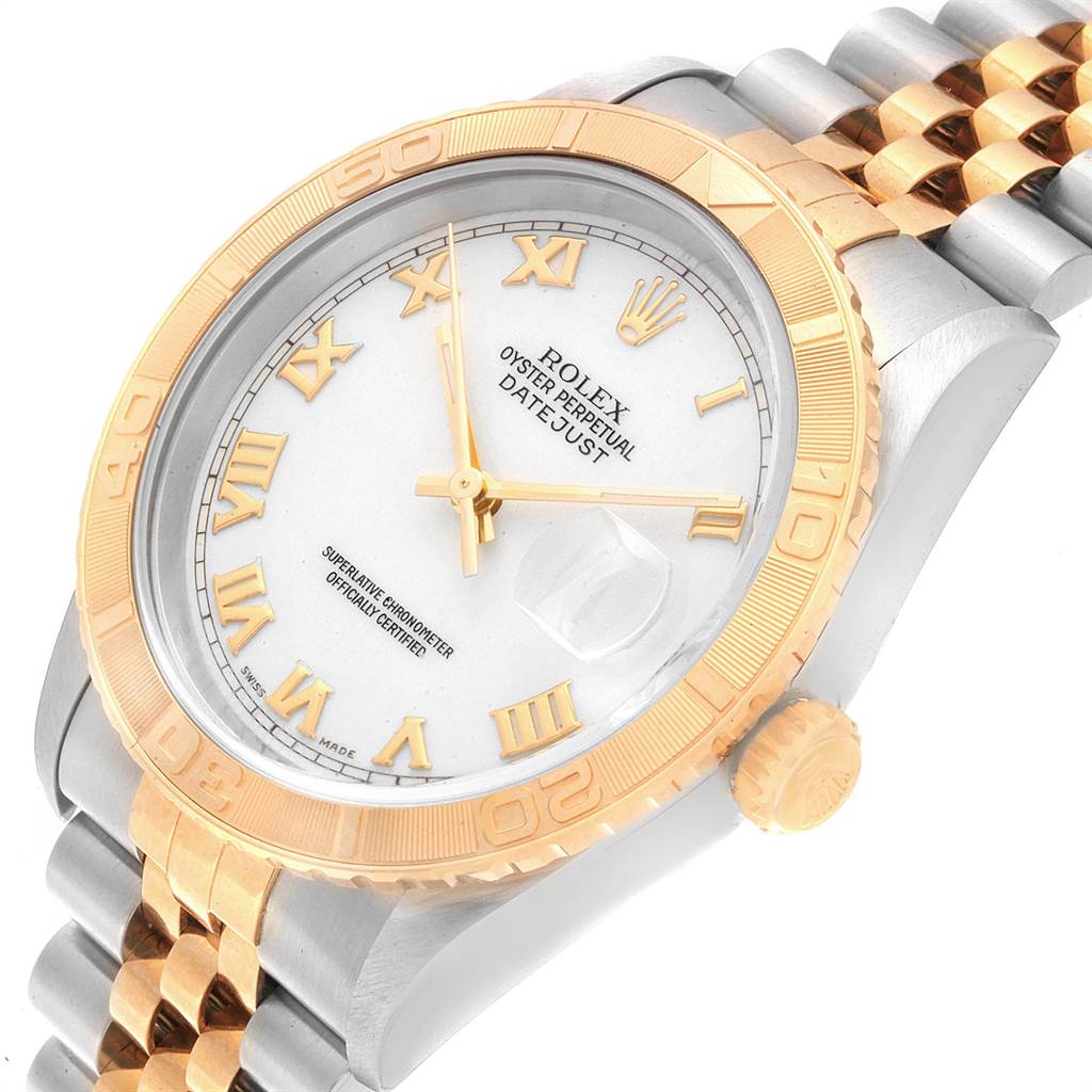The image shows a Rolex Turn-o-Graph 16263 Men
s Steel and Gold (two tone) White Dial 16263 Men
s Steel and Gold (two tone) White Dial watch from a top angle, displaying the face, bezel, crown, and part of the bracelet.