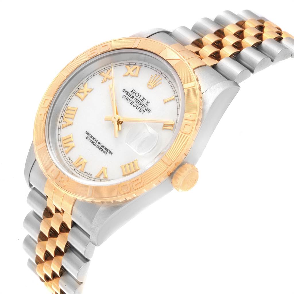 This Rolex Turn-o-Graph 16263 Men
s Steel and Gold (two tone) White Dial 16263 Men
s Steel and Gold (two tone) White Dial watch is shown from a slight angle displaying its dial, bezel, crown, and bracelet.