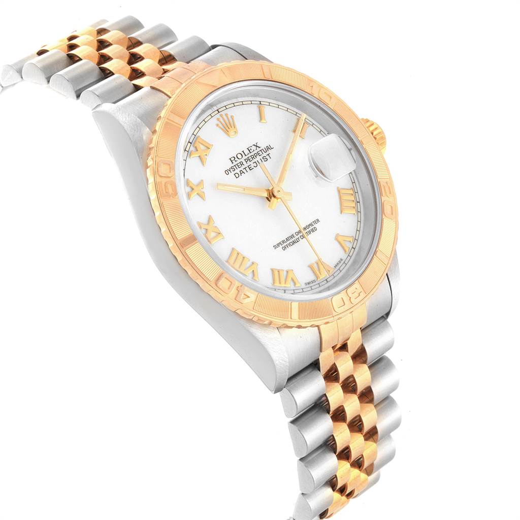 The image shows a Rolex Turn-o-Graph 16263 Men
s Steel and Gold (two tone) White Dial 16263 Men
s Steel and Gold (two tone) White Dial watch from a front angle, highlighting its gold bezel, white dial, and two-tone bracelet.