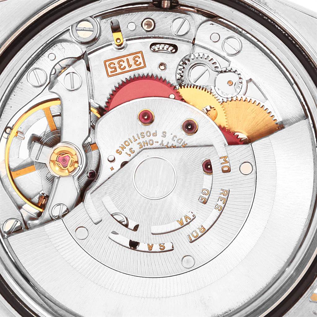 This image shows the intricate inner mechanism of a Rolex Turn-o-Graph 16263 Men
s Steel and Gold (two tone) White Dial 16263 Men
s Steel and Gold (two tone) White Dial watch, viewed from the back case angle.