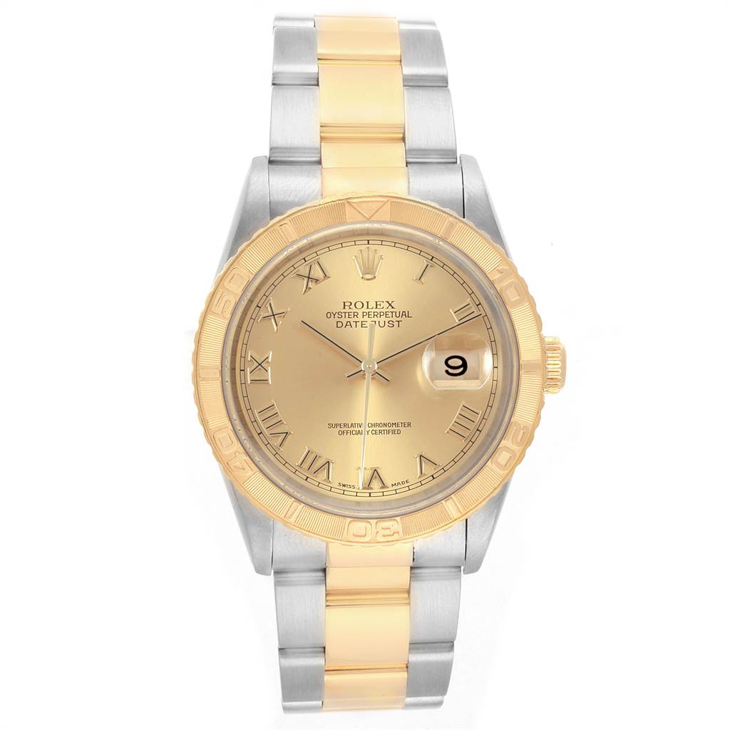 This image shows a full frontal view of a Rolex Turn-o-Graph 16263 Men
s Steel and Gold (two tone) Champagne Dial 16263 Men
s Steel and Gold (two tone) Champagne Dial watch, displaying its dial, bezel, and bracelet.